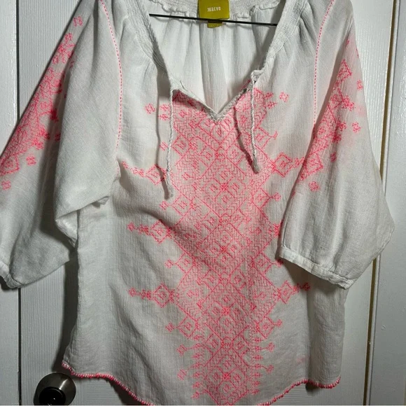 Maeve Anthropologie Sz 12 White Linen Boho Embroidered Blouse Pink Stitch - Picture 2 of 15